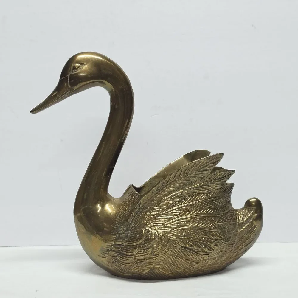 Vintage Cast Brass Swan Planter Mid-Century MCM 10 Inches Tall Made In Korea